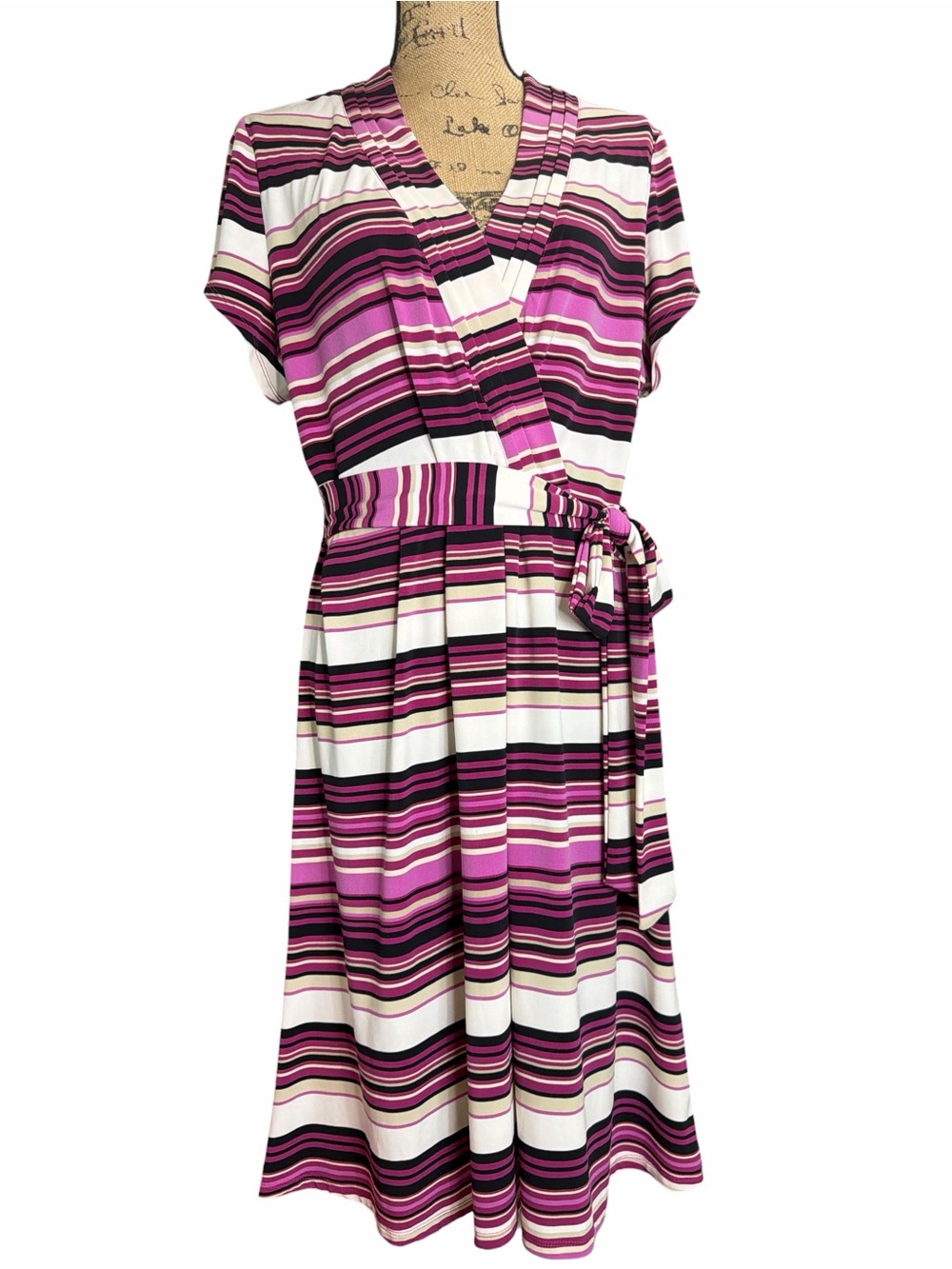Liz Claiborne Striped Faux Wrap Dress in Pink, Black and White EC. Size X-Large